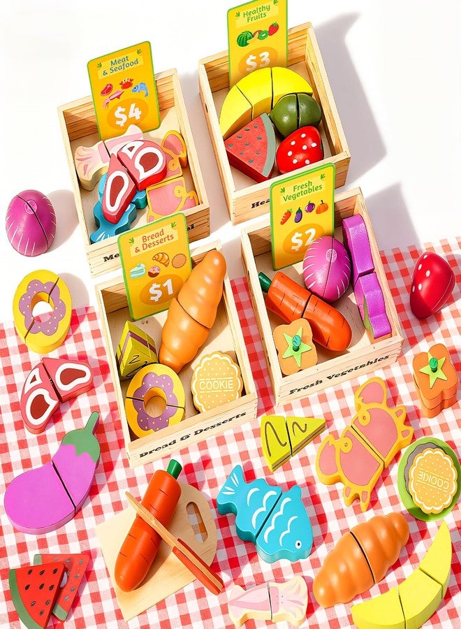 Fiderix 70 PCS Montessori Wooden Play Food Set for Kids Kitchen with Cutting Fruits, Veggies, Bread, Meat & Wooden Crates - Educational Pretend Toys for Boys & Girls 3-5, Perfect Kids - Image 1